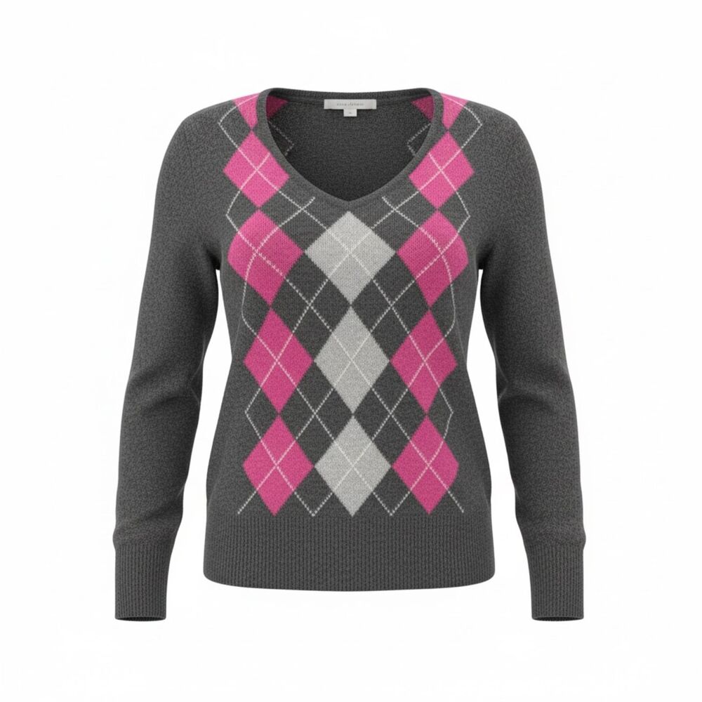 Apt 9. gray pink argyle 100% Cashmere V-neck pullover sweater ladies Small *flaw